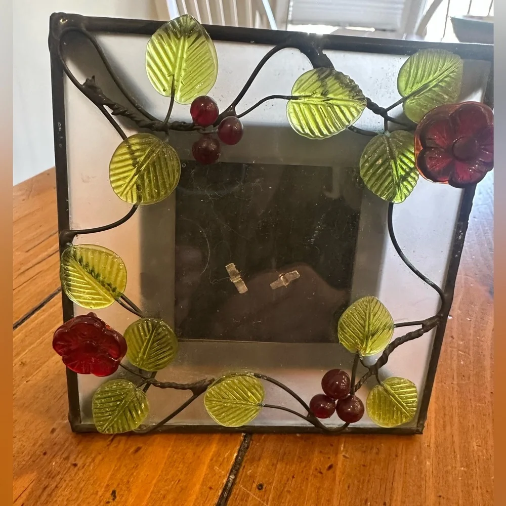 Decorative Glass Photo Frame Set with Green and Red Accents Plus 2 Voltives